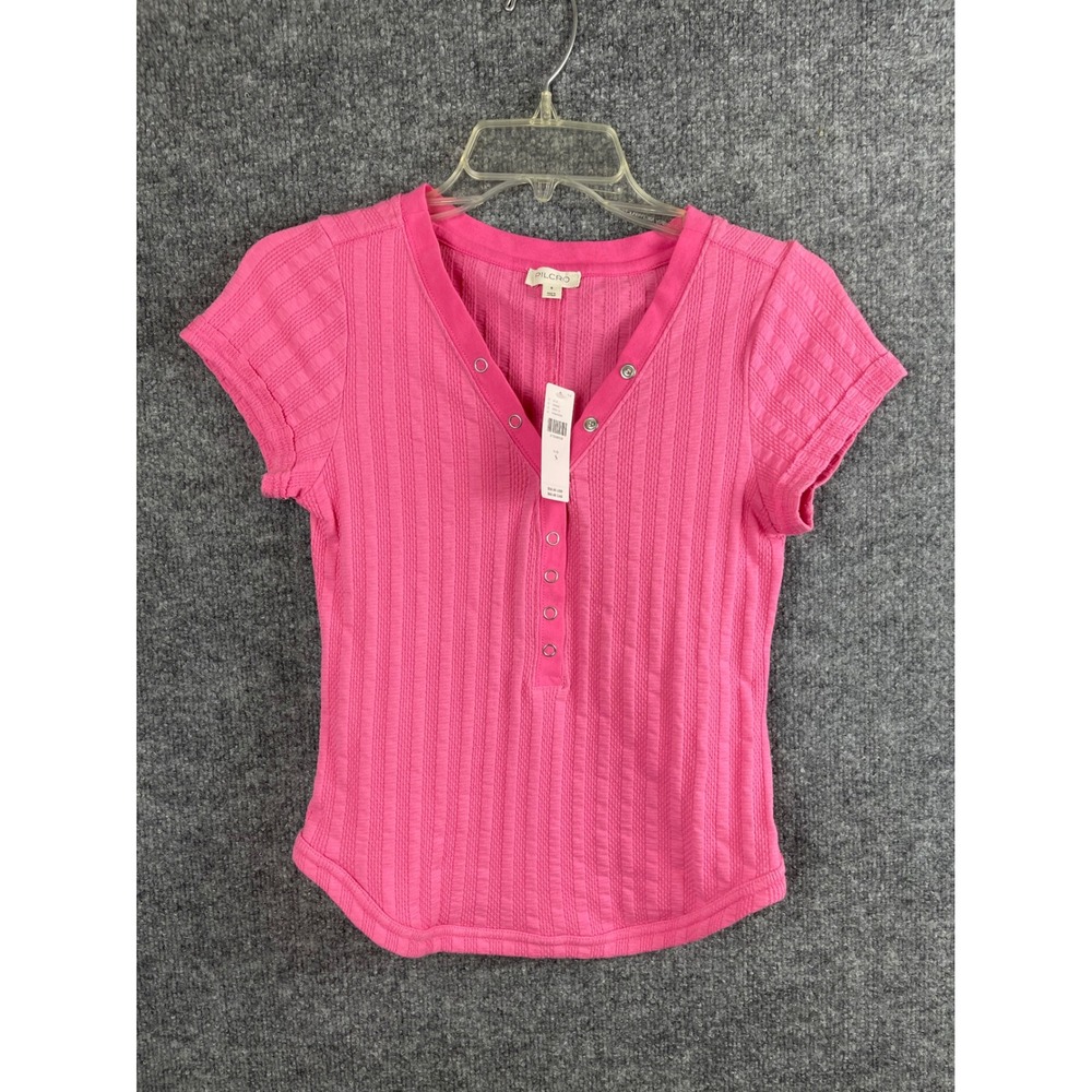 Pilcro Henley Top Womens Small Pink New Ribbed Snap Button Short Sleeve Shirt